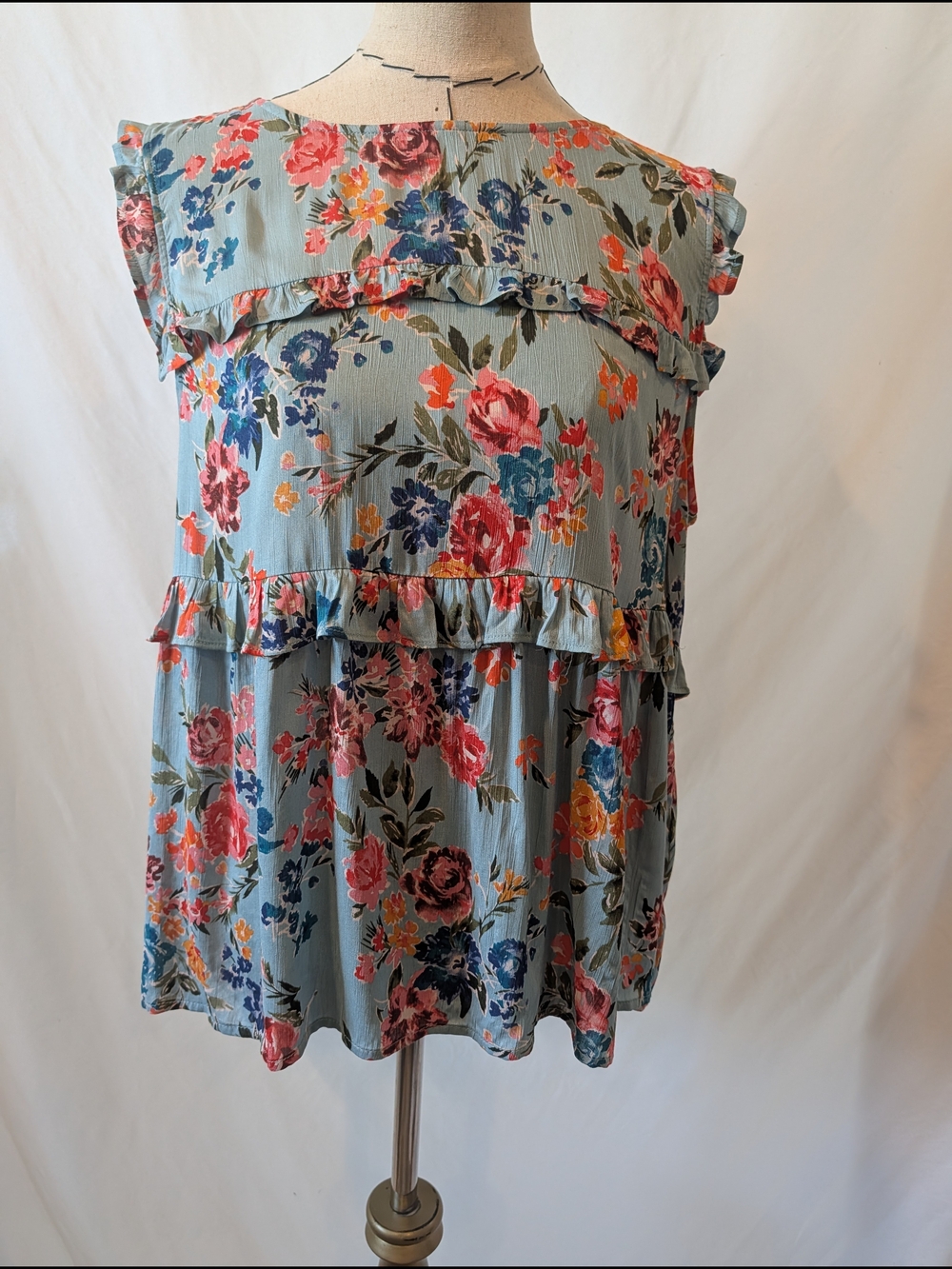 Pleione Floral Ruffle Camisole in Light Blue with Multicolor Blooms